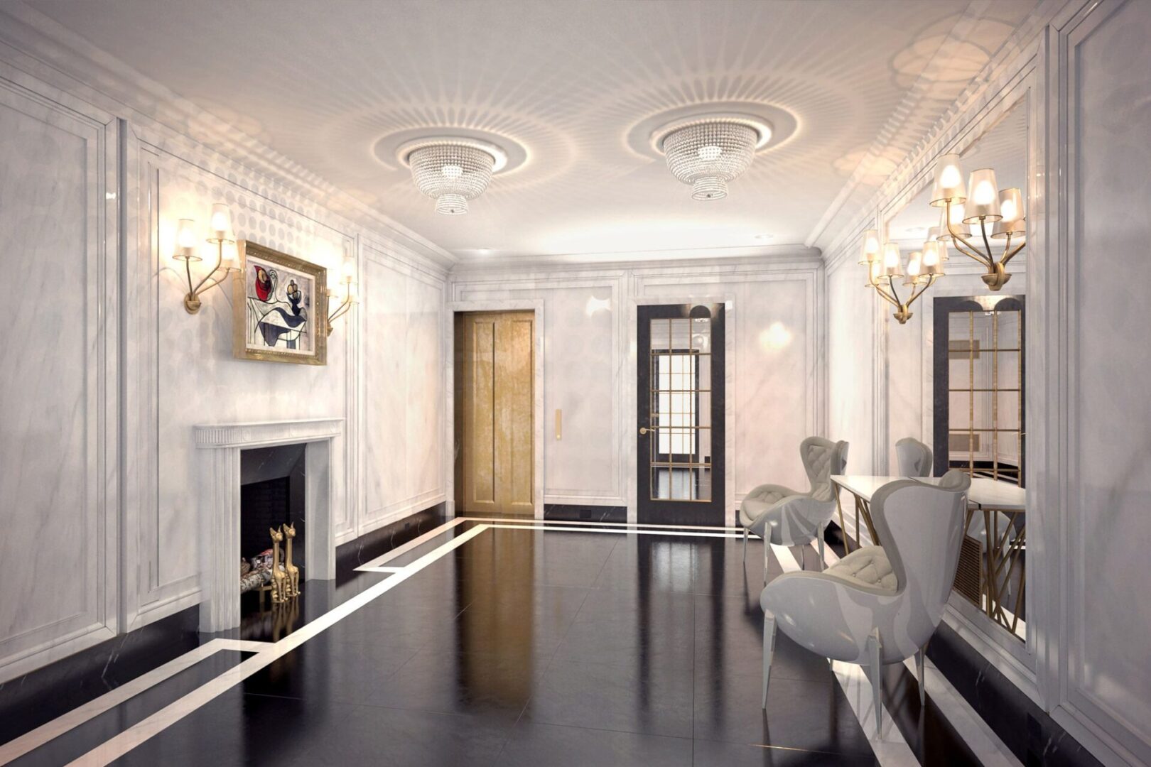 A living room with white walls and black floors